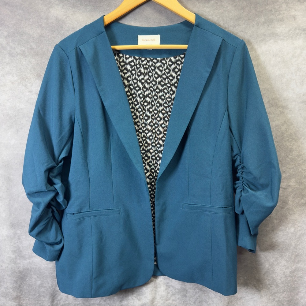 Skies Are Blue Teal Ruched-Sleeve Open Blazer